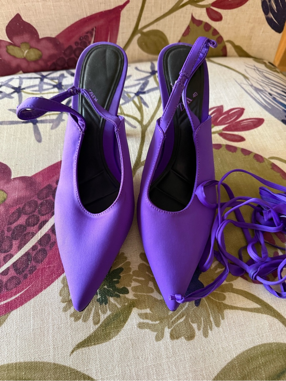 Zara Purple Pointed Slingback Heels with Ankle Wraps